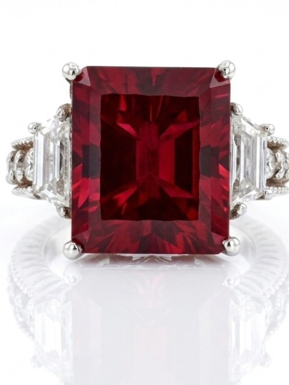 Blazing Red Quartz & White Topaz Ring in Platinum/925 Size 6